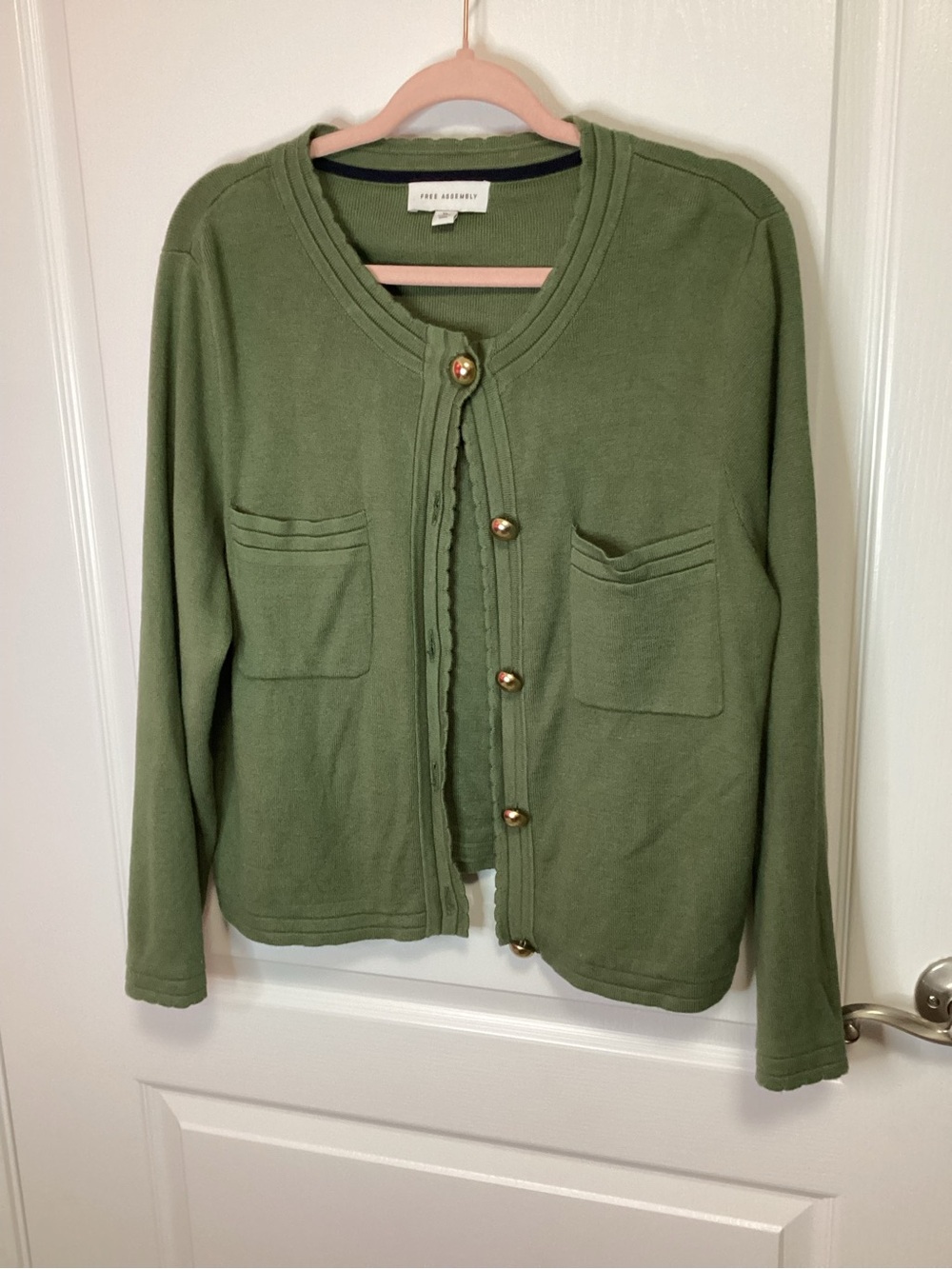 Crewneck Olive Green Cardigan with Gold Buttons